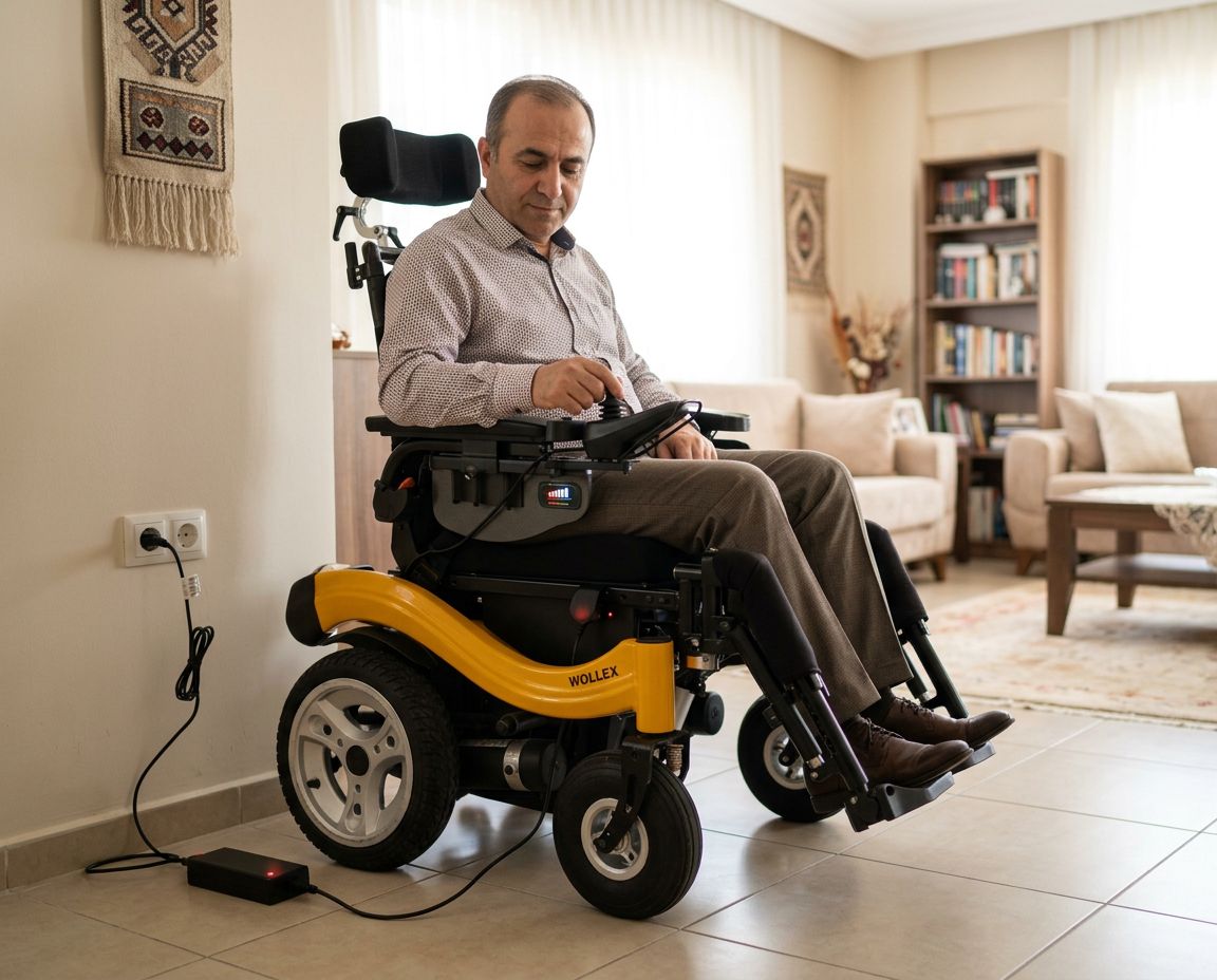 Evde güvenli şekilde şarj edilen modern akülü tekerlekli sandalye