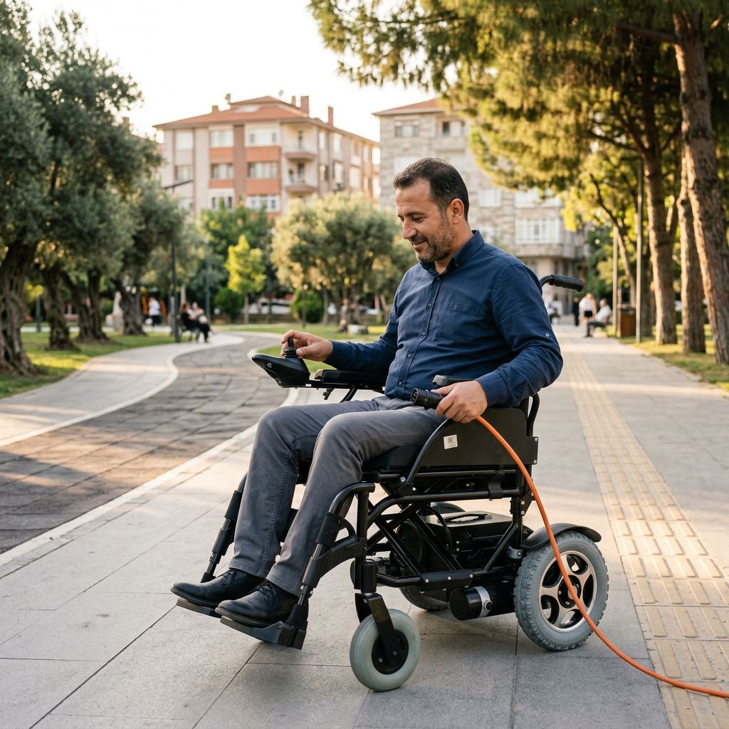 Parkta akülü sandalyesinin batarya durumunu kontrol eden kullanıcı