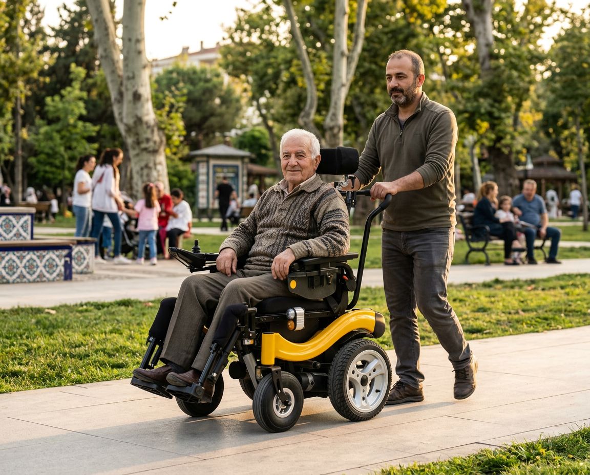 Parkta refakatçi kumandasıyla yönlendirilen modern akülü tekerlekli sandalye