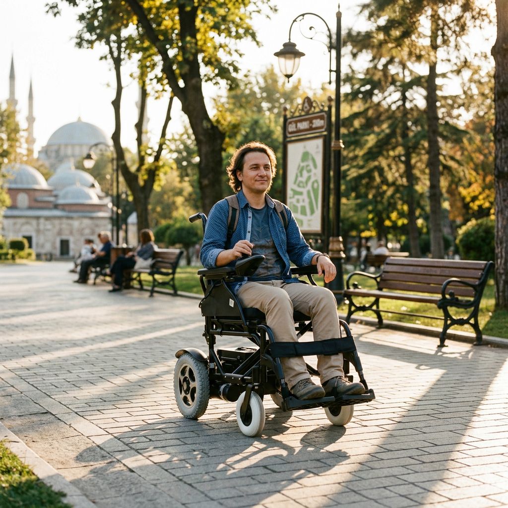 Park yolunda dış mekan akülü sandalye kullanan kişi