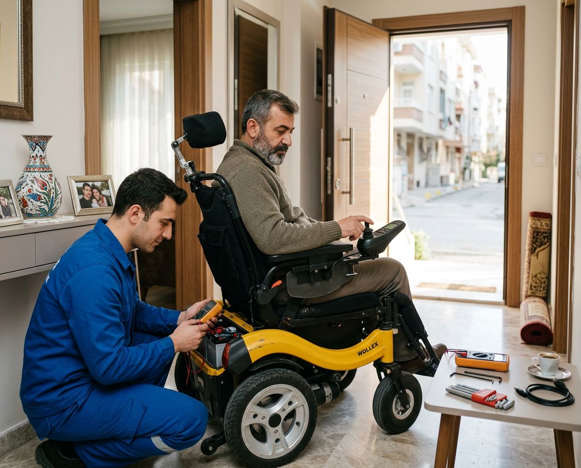 Akülü sandalye kullanıcısı ve teknisyen akü durumunu kontrol ediyor