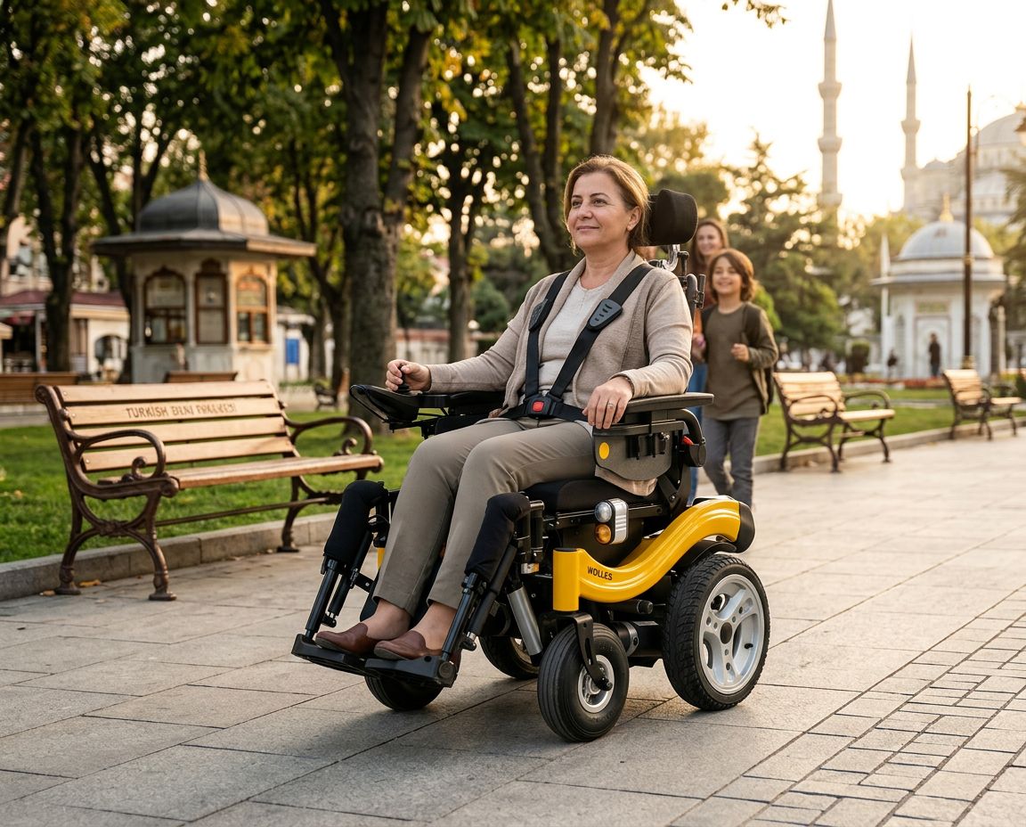 Parkta lityum bataryalı akülü sandalye kullanan kişi