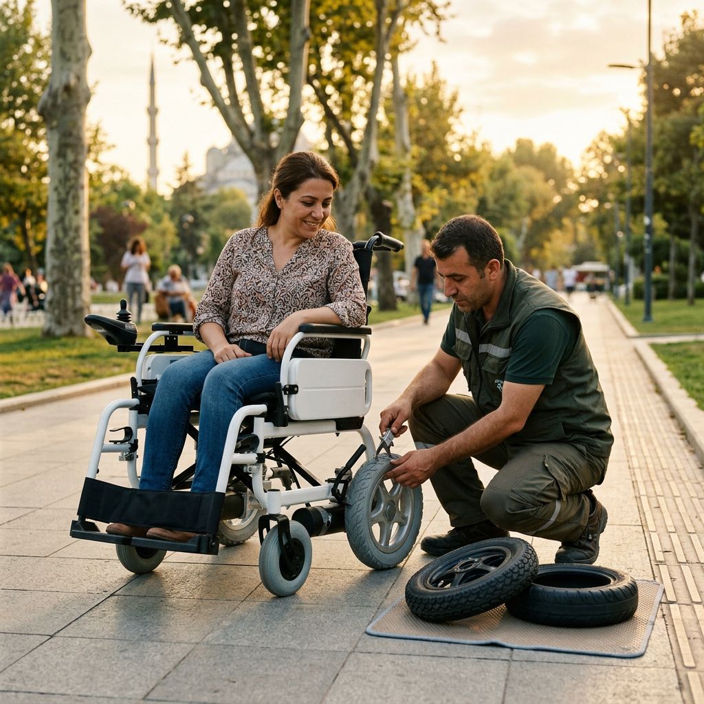 Parkta akülü sandalye lastiğini kontrol eden teknisyen ve kullanıcı