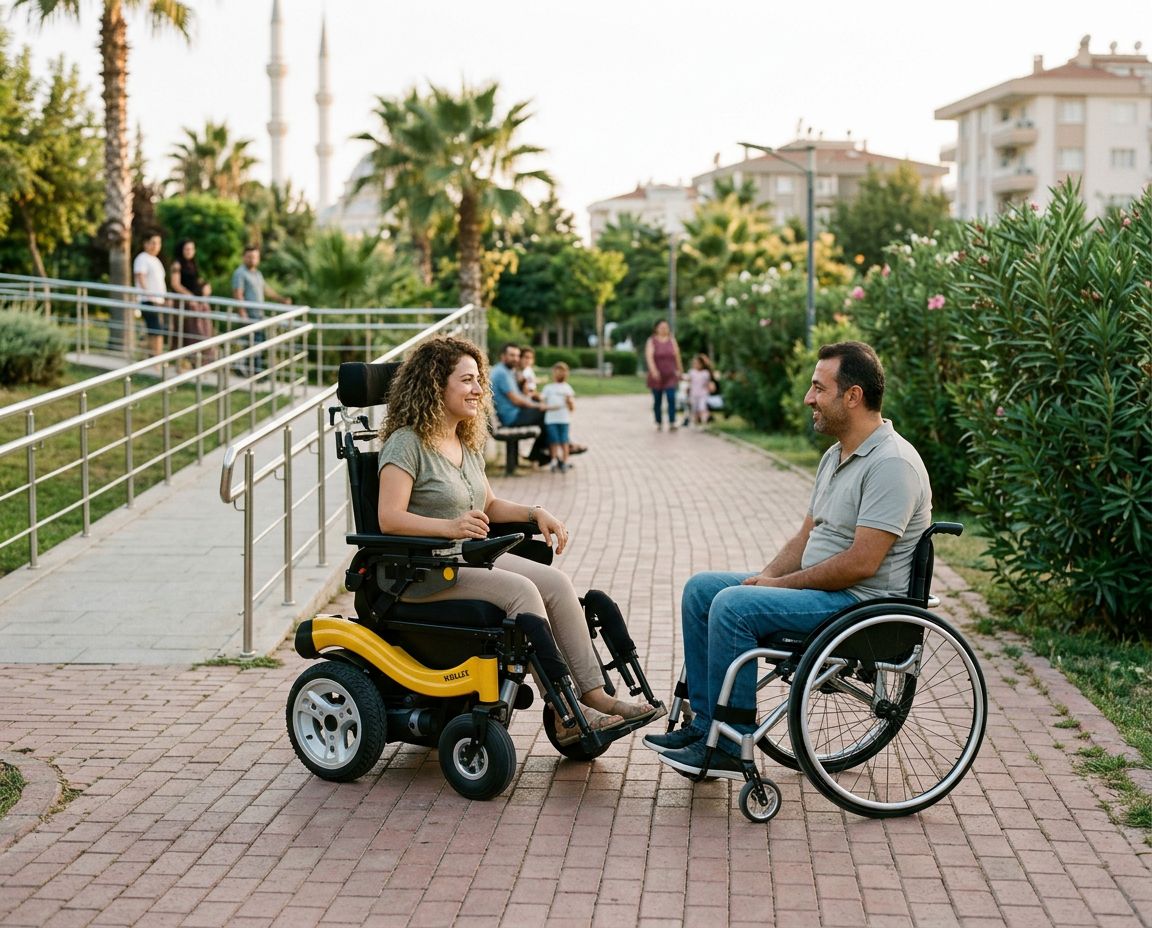 Parkta akülü sandalye ve manuel tekerlekli sandalye kullanan iki kişinin karşılaştırmalı gerçek yaşam sahnesi