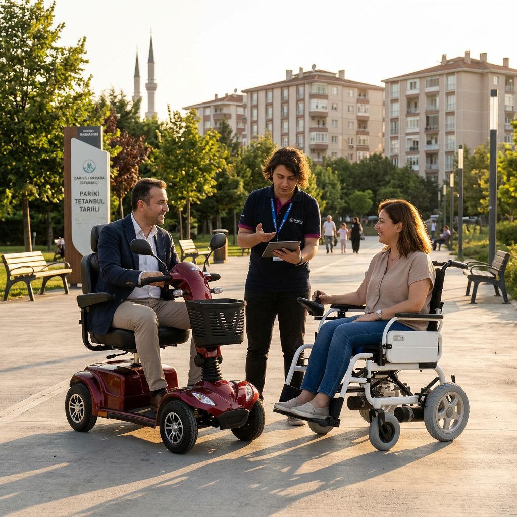 Parkta akülü sandalye ve mobility scooter seçeneklerini karşılaştıran kullanıcılar