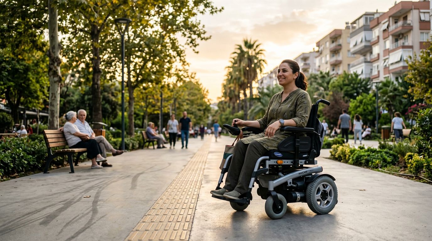 Türkiye’de şehir parkında modern akülü sandalye kullanan kişi