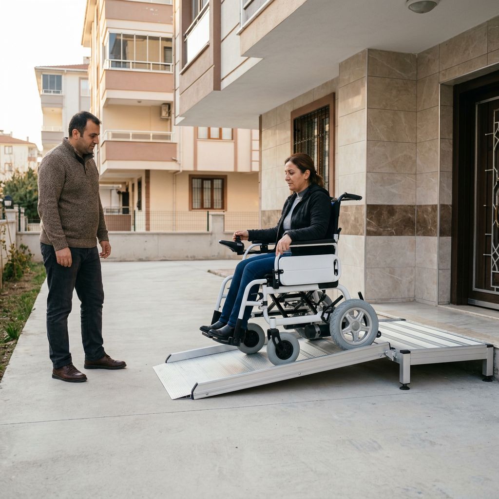 Apartman girişinde güvenli eğimli akülü sandalye rampası kullanan kişi