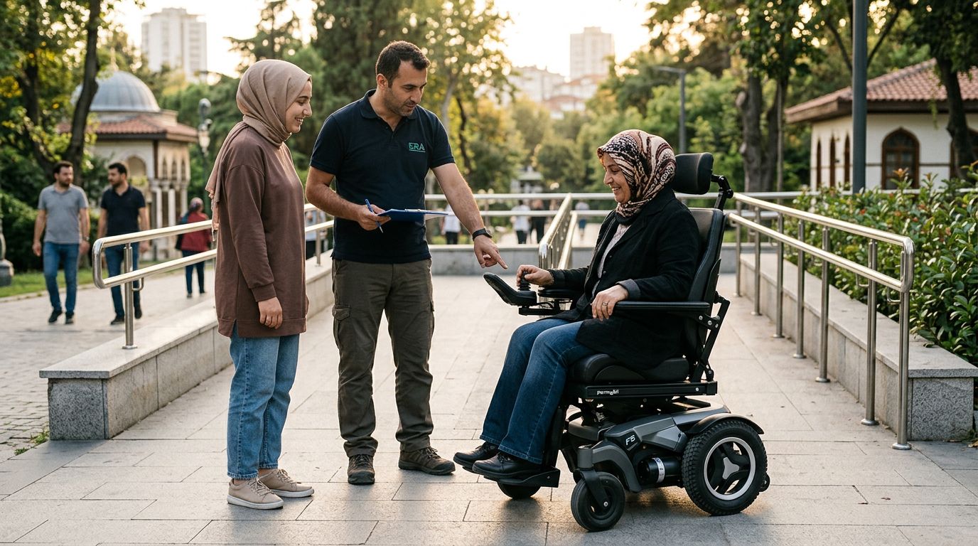 Parkta akülü tekerlekli sandalye deneyen kullanıcı ve yanında danışman