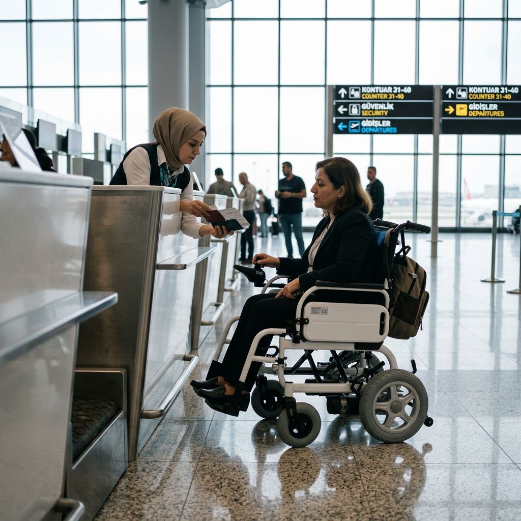 Havalimanında akülü sandalyesiyle check-in yapan yolcu