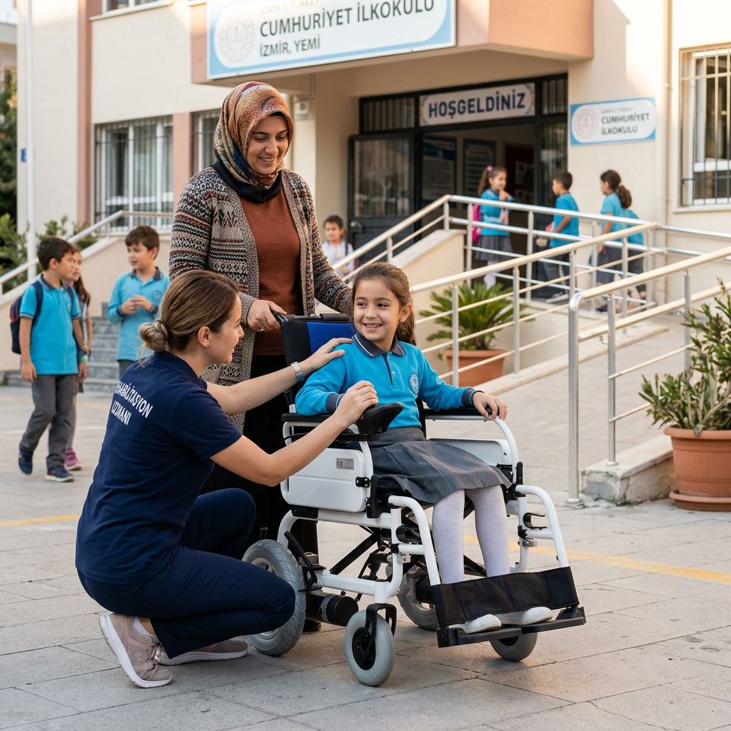 Okul bahçesinde çocuk akülü sandalye ölçü ve joystick ayarı yapılırken