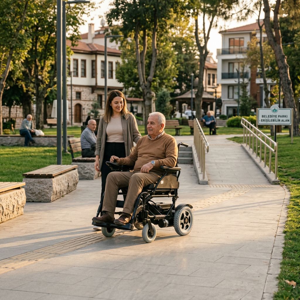 Parkta güvenli şekilde akülü sandalye kullanan yaşlı bir kişi