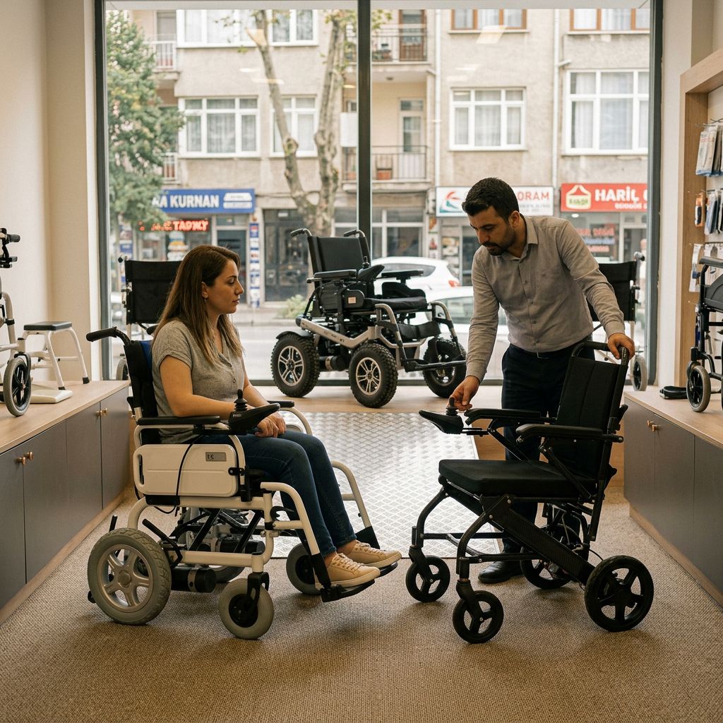 Farklı akülü sandalye çeşitlerini inceleyen kullanıcı ve danışman