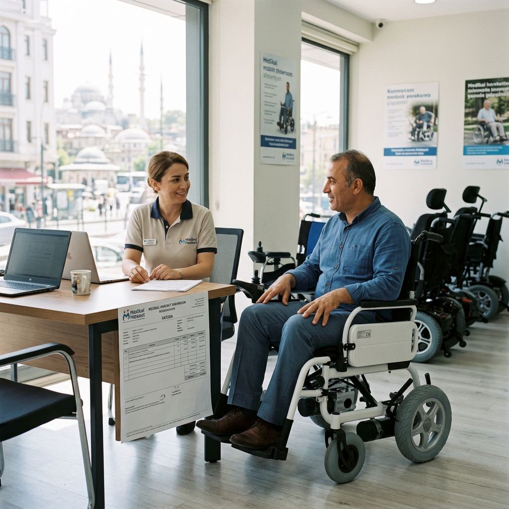 Medikal mağazada akülü tekerlekli sandalye ve fatura hakkında bilgi alan kullanıcı