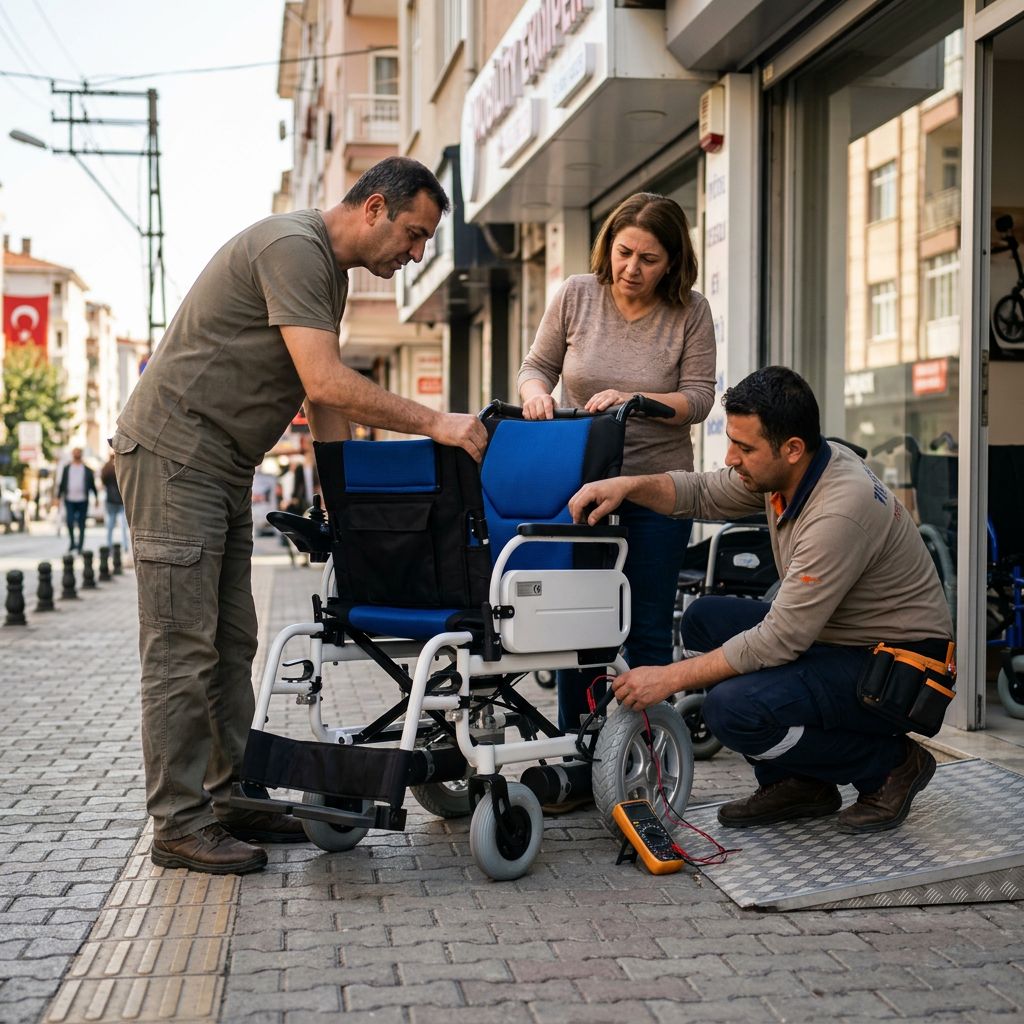 İkinci el akülü sandalye satın almadan önce test sürüşü ve teknik kontrol yapan kullanıcı