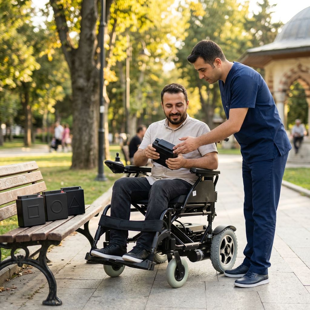 Parkta akülü sandalye kullanan bir kişinin farklı akü seçeneklerini incelemesi