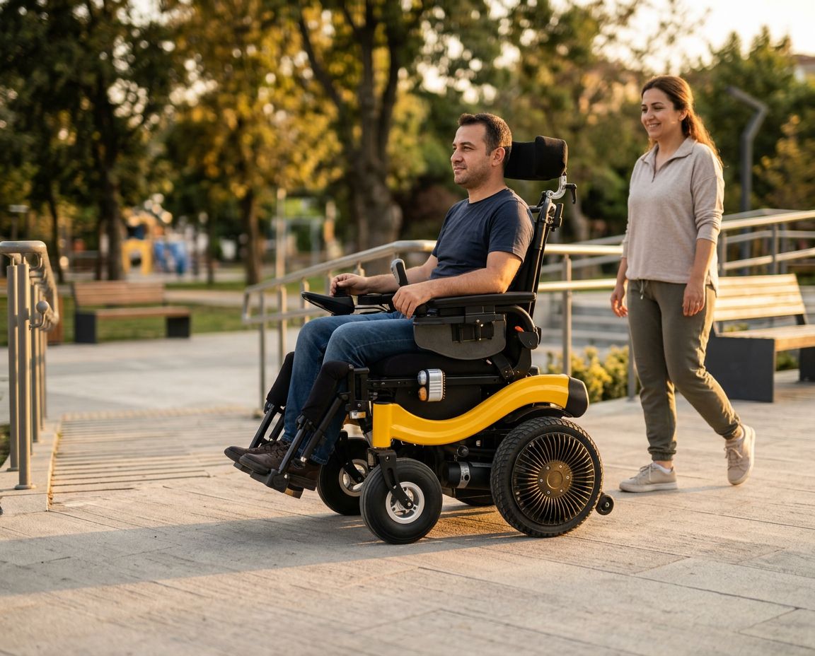 Park rampasında güvenli şekilde duran modern akülü tekerlekli sandalye ve fren sistemi detayı