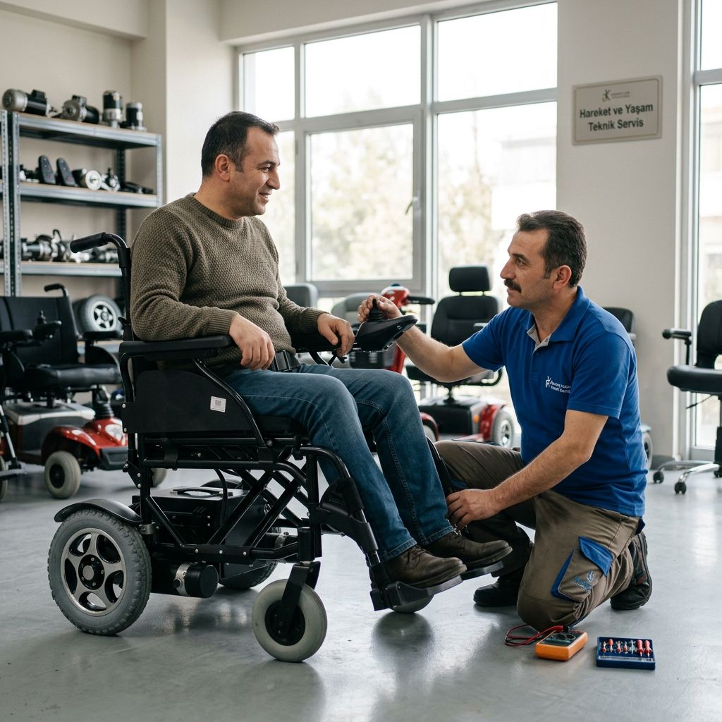 Teknik serviste akülü sandalye garanti kontrolü yapılan gerçekçi sahne
