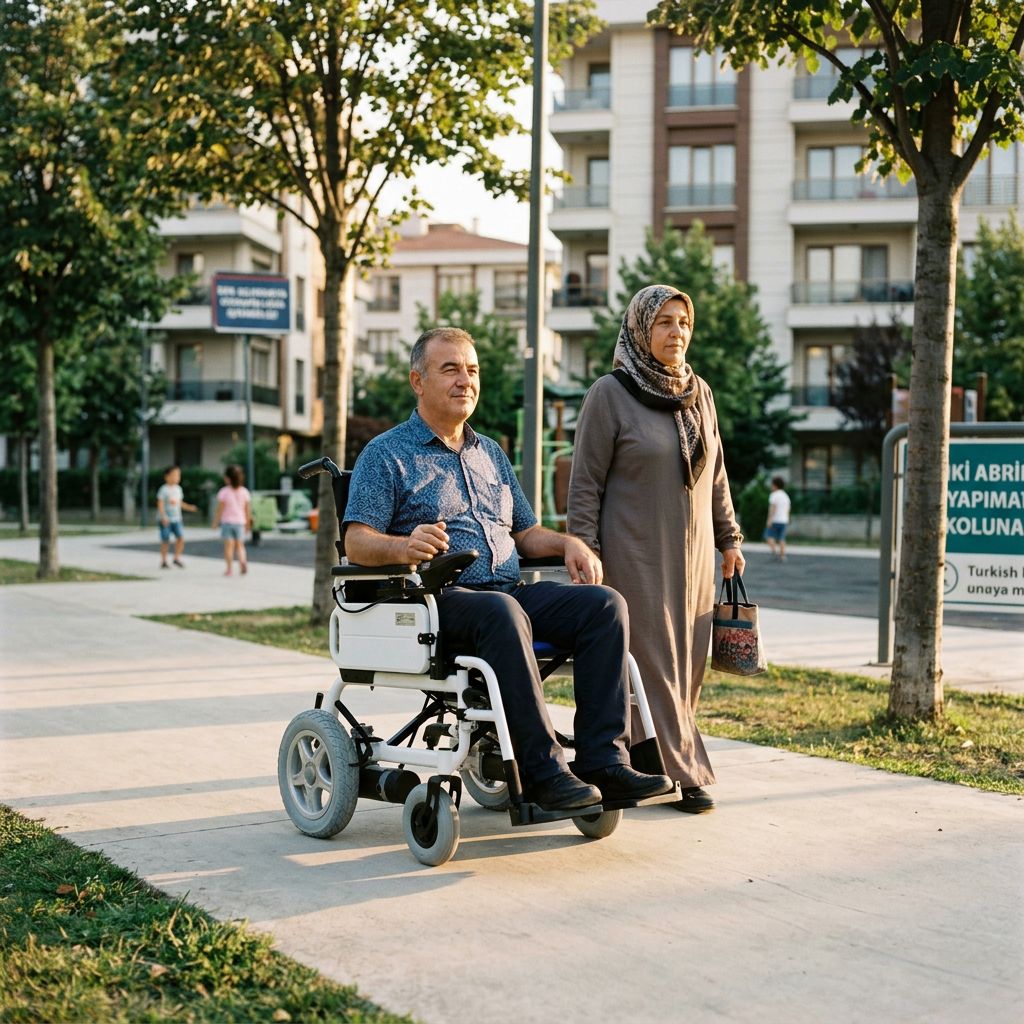 Türkiye’de park yolunda yerli akülü sandalye kullanan bir kişi