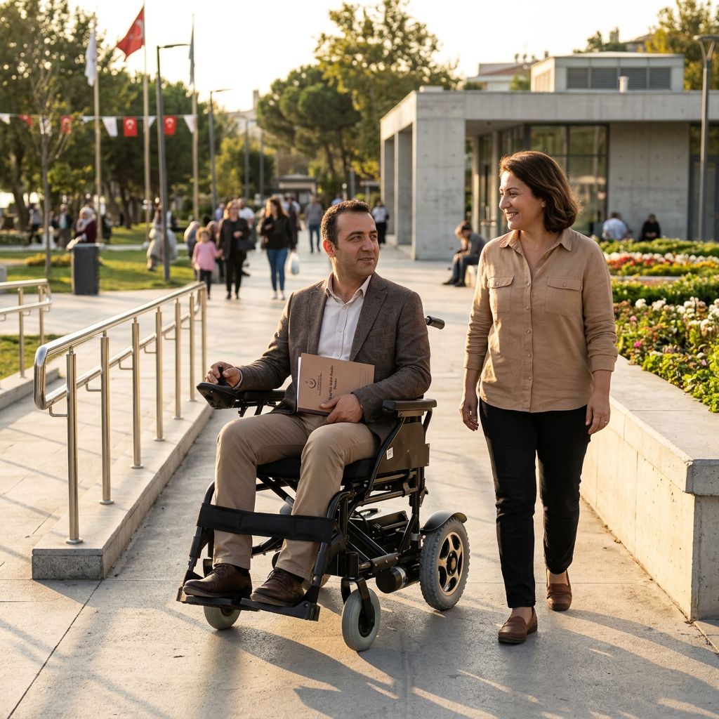 Parkta akülü tekerlekli sandalye kullanan bir kişi ve yanında yürüyen arkadaşı