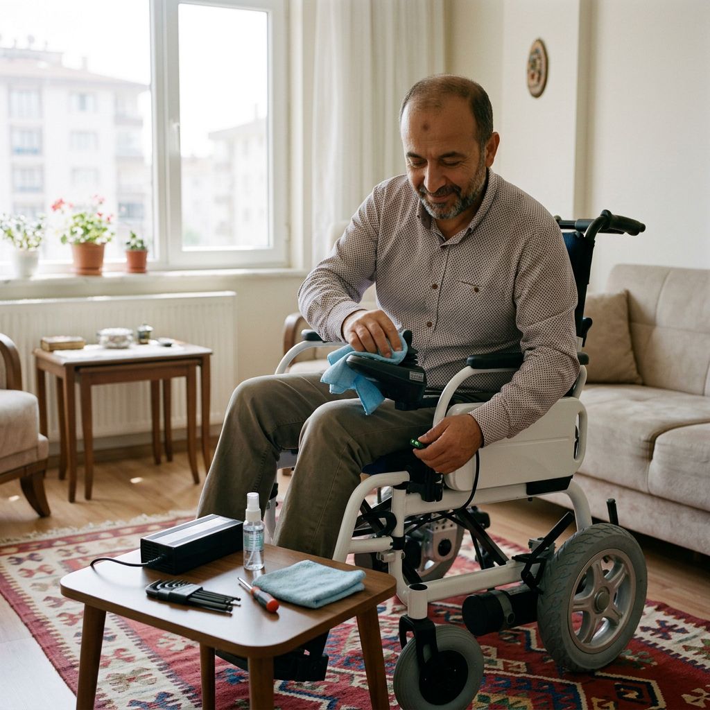 Evde akülü sandalye bakımı yapan kullanıcı, joystick ve şarj bağlantısını kontrol ediyor