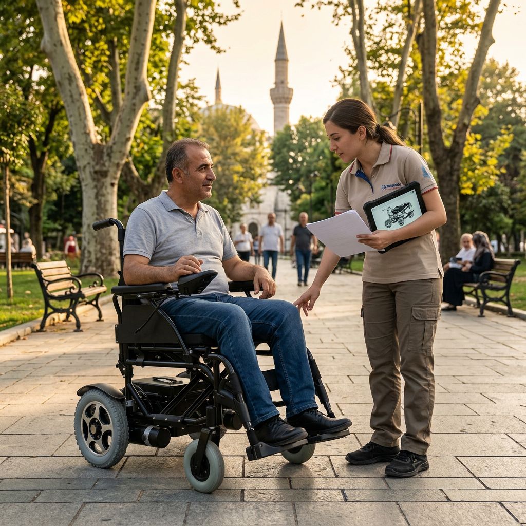 Parkta akülü tekerlekli sandalye kullanan bir kişi ve başvuru evraklarını inceleyen danışman