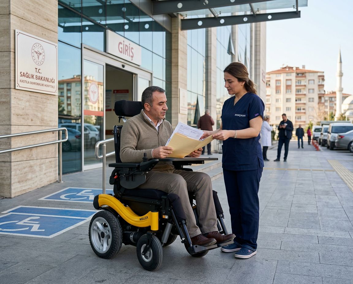 Hastane girişinde akülü sandalye SGK başvurusu için evraklarını kontrol eden kullanıcı