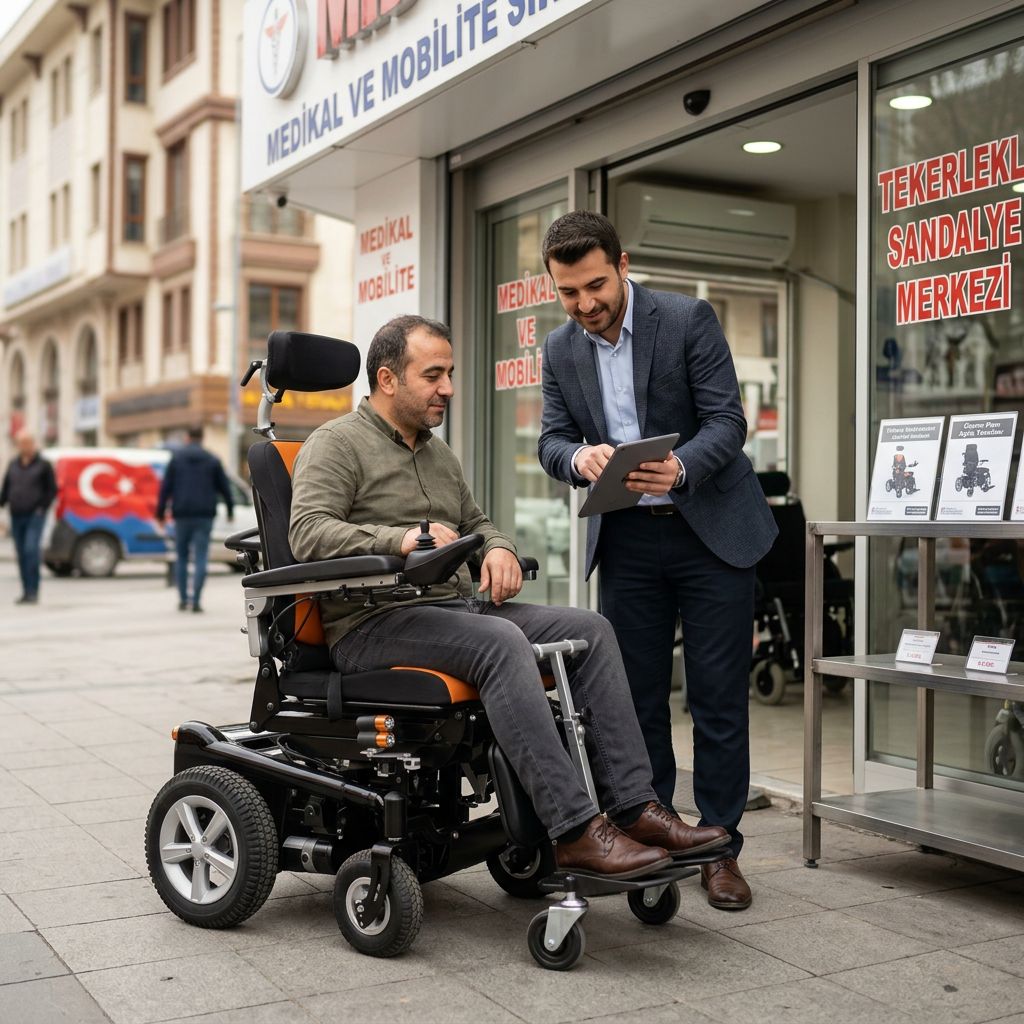 Akülü sandalye kampanya ve taksit seçeneklerini mağazada inceleyen kullanıcı