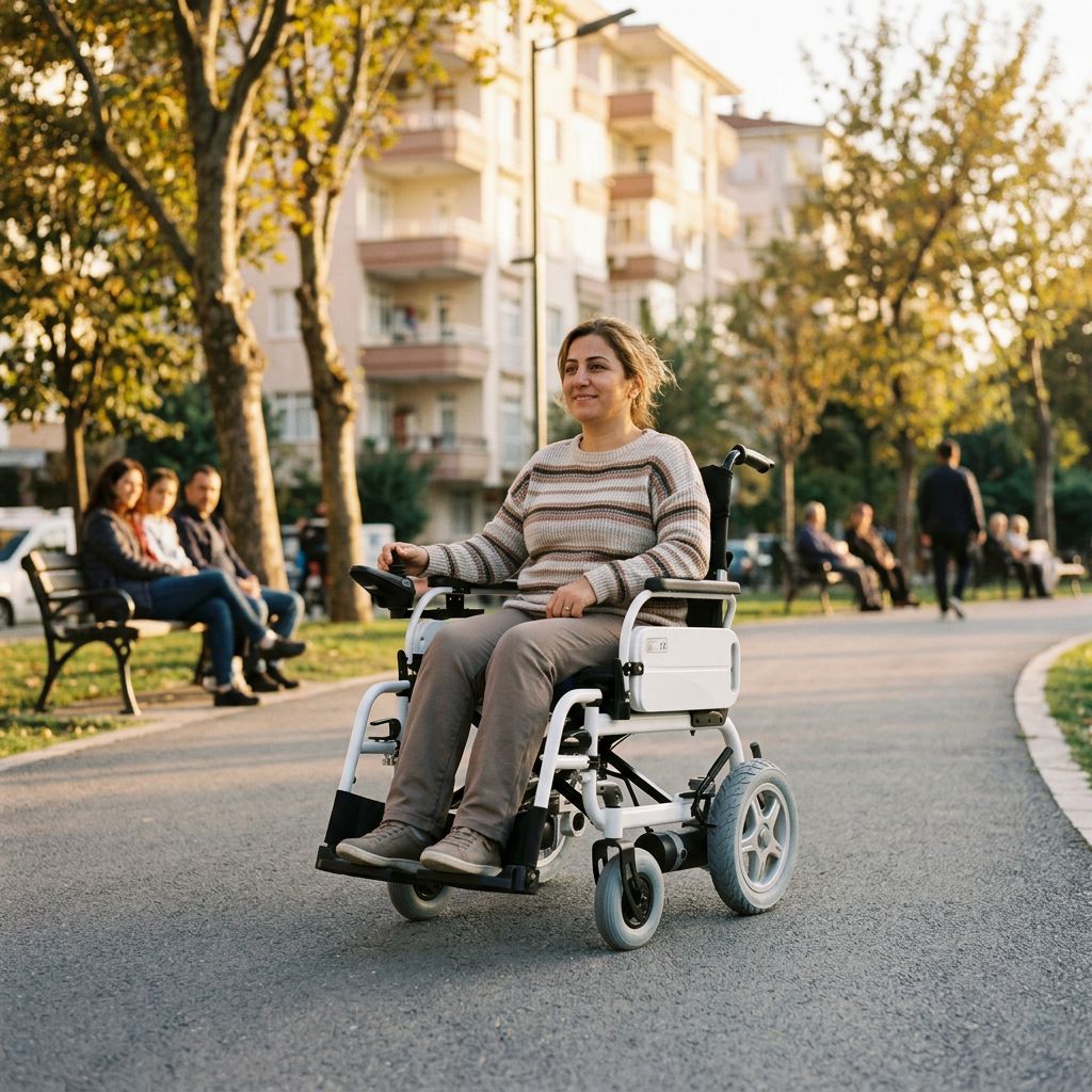 Şehir parkında modern akülü sandalye kullanan yetişkin bir kişi