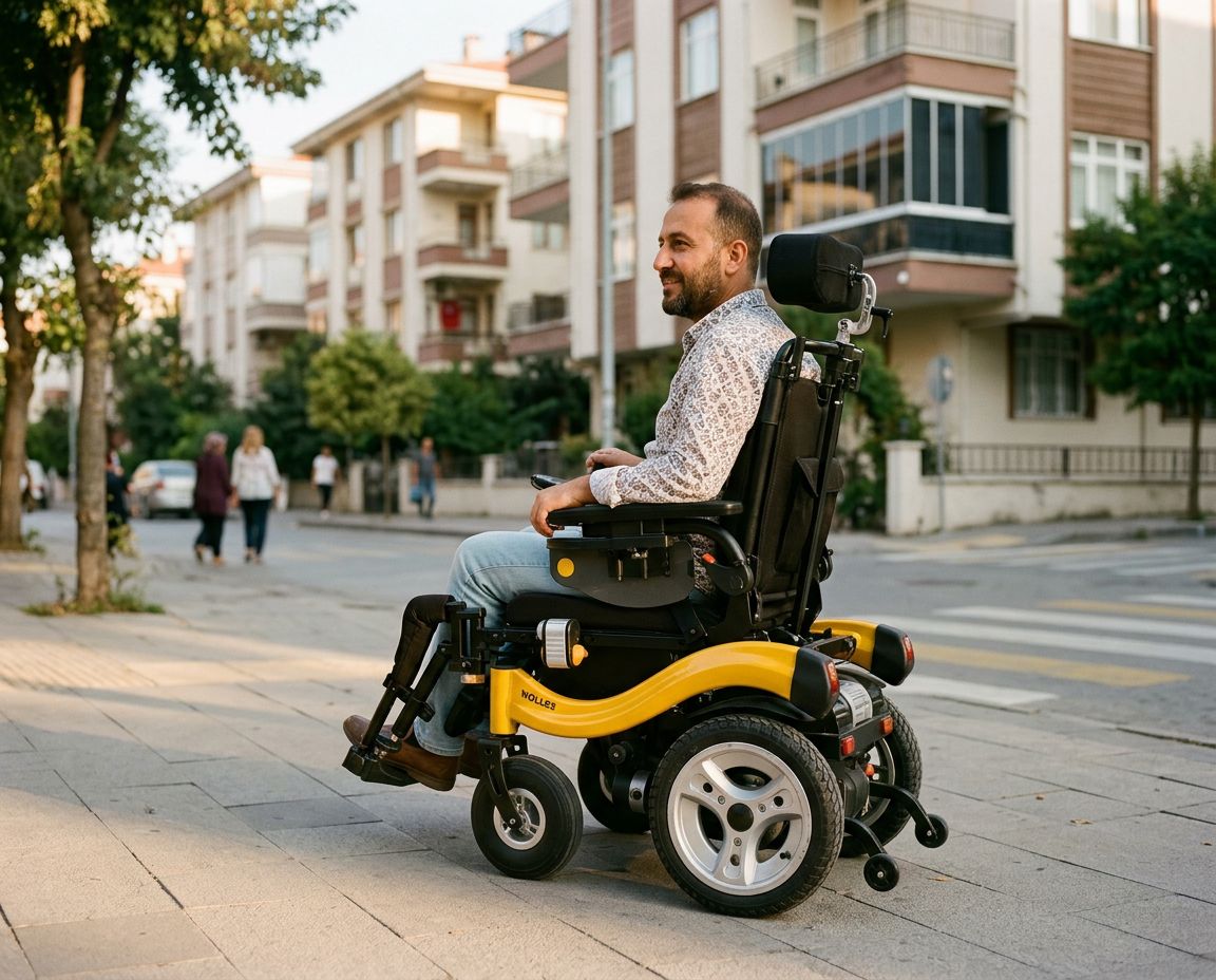 Eğimli kaldırımda akülü tekerlekli sandalye kullanan kişi