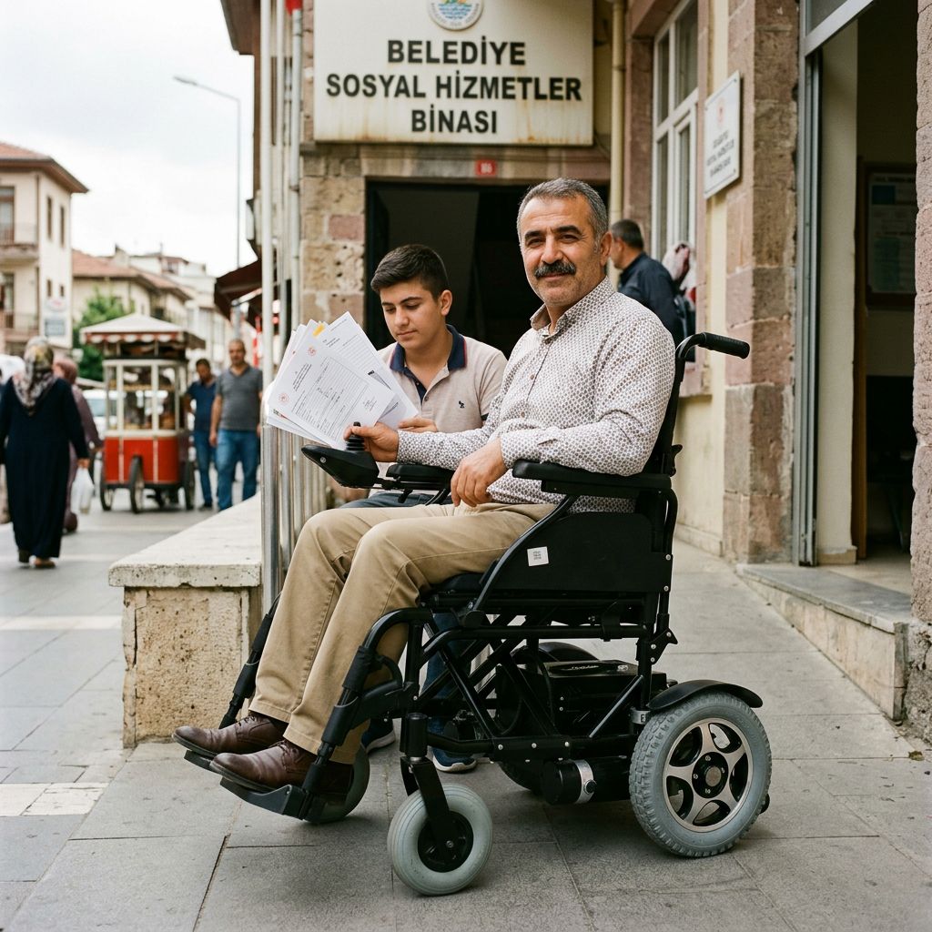 Belediye sosyal hizmetler birimine akülü sandalye başvurusu için gelen kişi