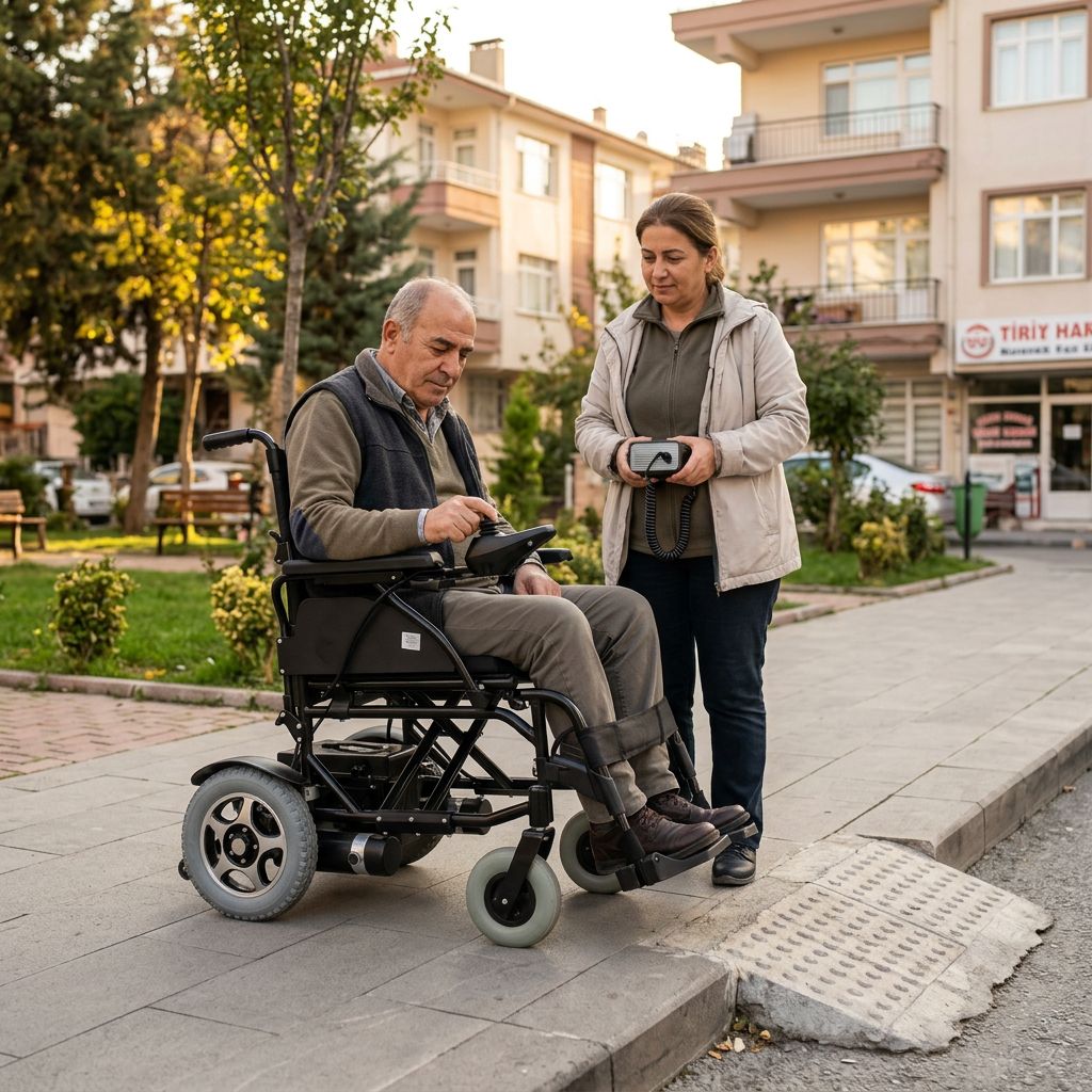 Akülü tekerlekli sandalye kullanıcısı joystick üzerindeki akü göstergesini kontrol ediyor