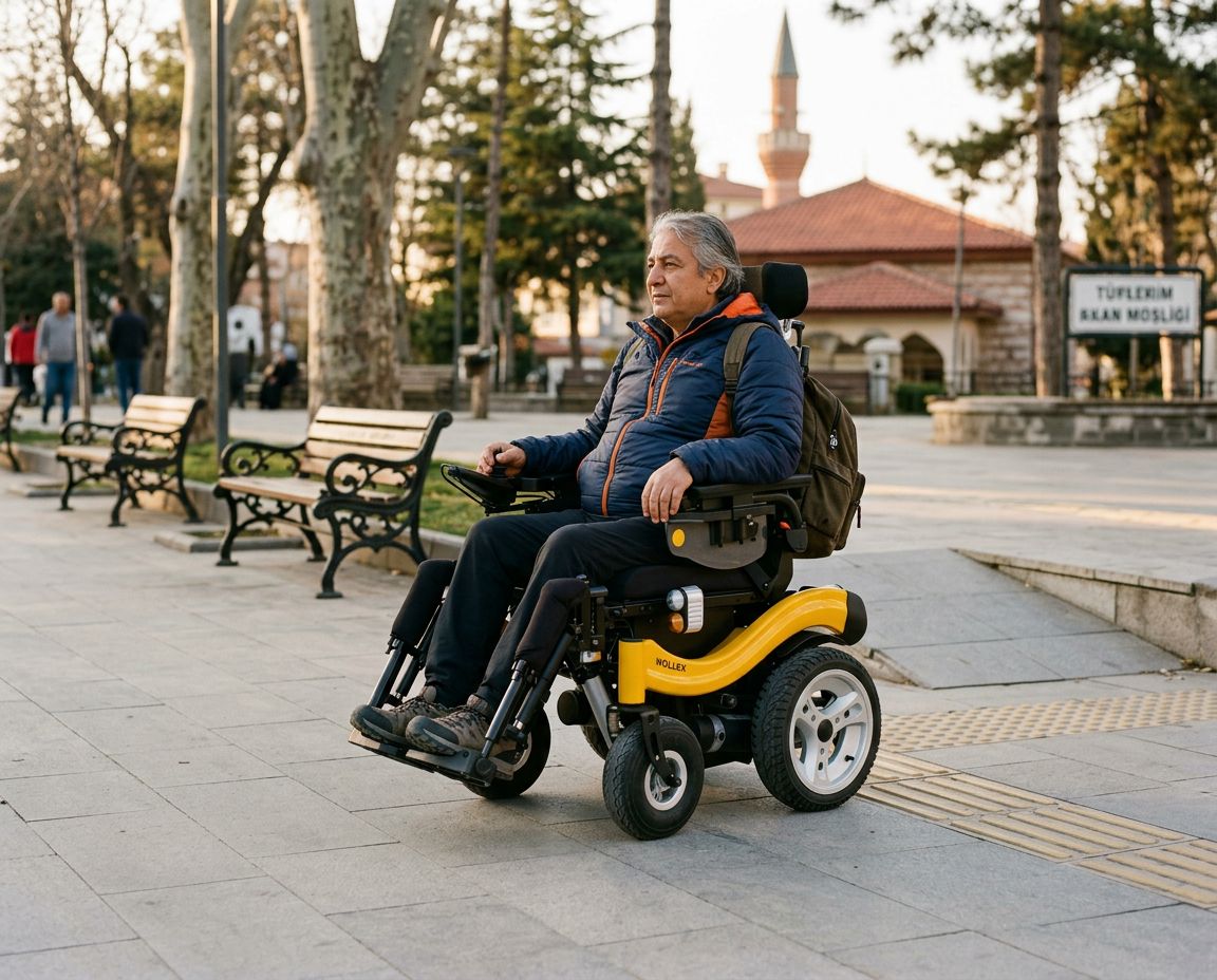 Park yolunda akülü sandalye kullanan bir kişi ve günlük menzil kullanımını gösteren gerçekçi sahne