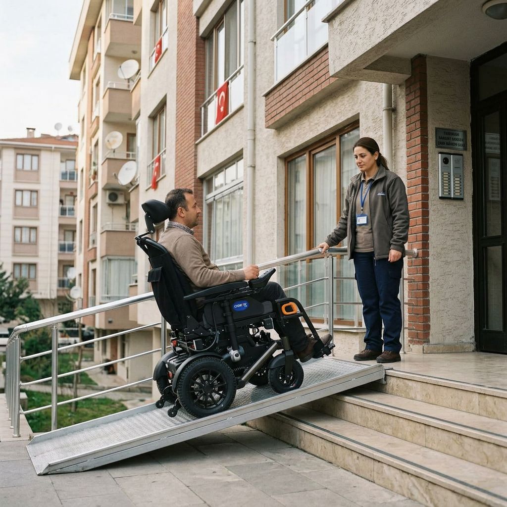 Apartman girişindeki merdiven ve rampa yanında akülü tekerlekli sandalye kullanan kişi